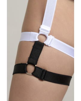 Elastic thigh straps detail on harness pole dance top, checker and zebra pattern options, secure fit by Caro Line