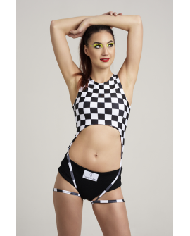 Origami pole dance top in checker print with elastic loops and wrap design, designed for pole dance and exotic pole