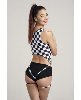 Open back origami pole dance top checker print with elastic loops, flexible construction for freedom of movement