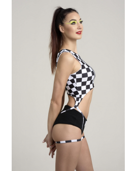 Side view of origami pole dance top in checker print, elastic loops allowing multiple styling options