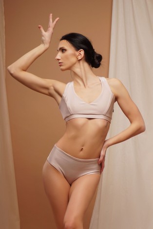 High waist Brazilian pole dance shorts in latte, front view, cheeky cut designed for exotic and pole dance,