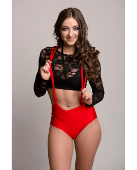 Suspenders pole dance shorts in red with elastic straps worn in multiple ways, front view