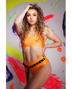 Basic pole dance and fitness top in orange, comfortable sporty women's dancewear, front view,