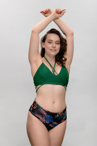 Top Mix, dance top in deep green with elastic strings for multiple styling options, front view,