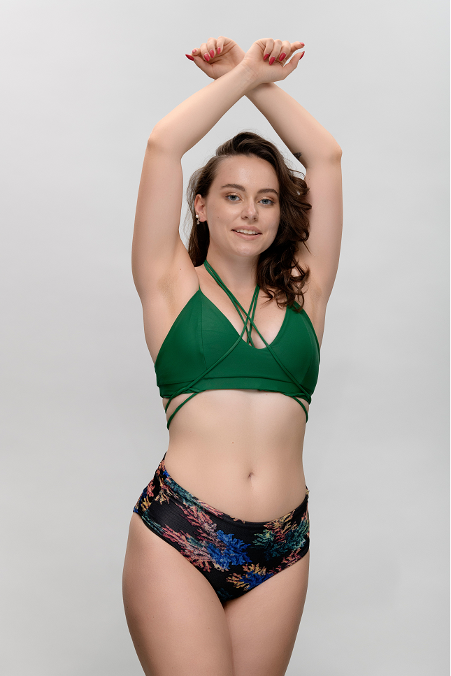 Top Mix, dance top in deep green with elastic strings for multiple styling options, front view,