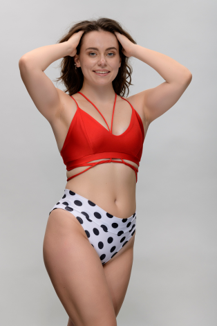 Top Mix, dance top in red with elastic strings for multiple styling options, front view,