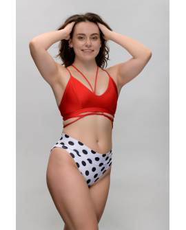 Top Mix, dance top in red with elastic strings for multiple styling options, front view,