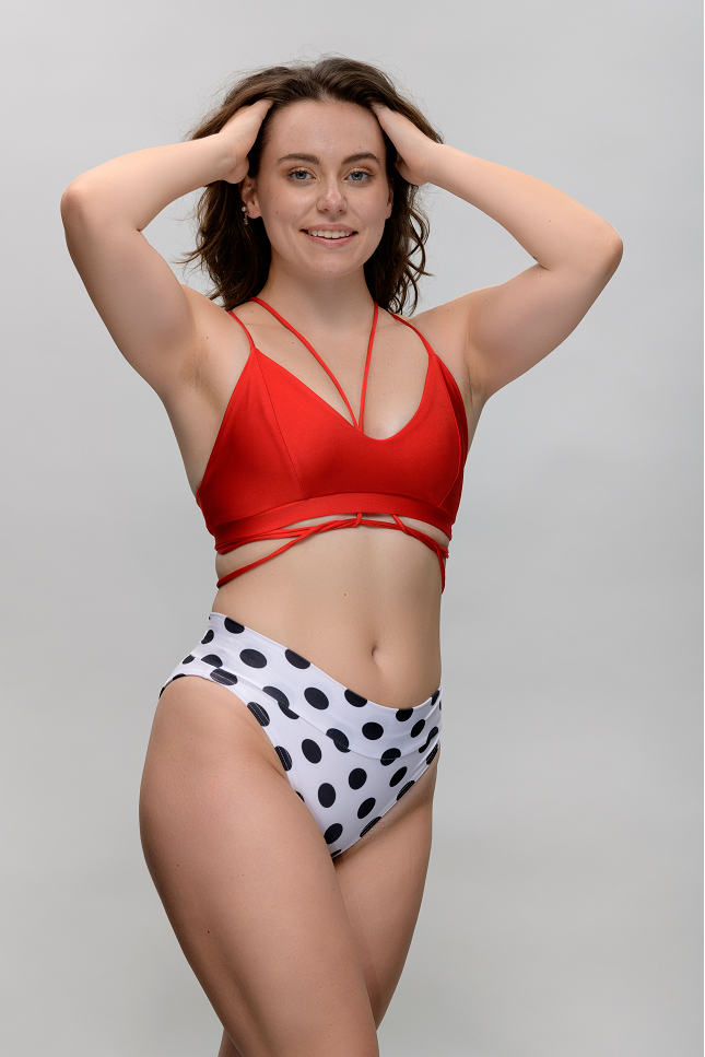 Top Mix, dance top in red with elastic strings for multiple styling options, front view,