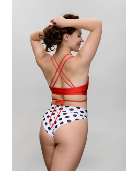 Mix dance top back view in red, with elastic strings highlighting the back