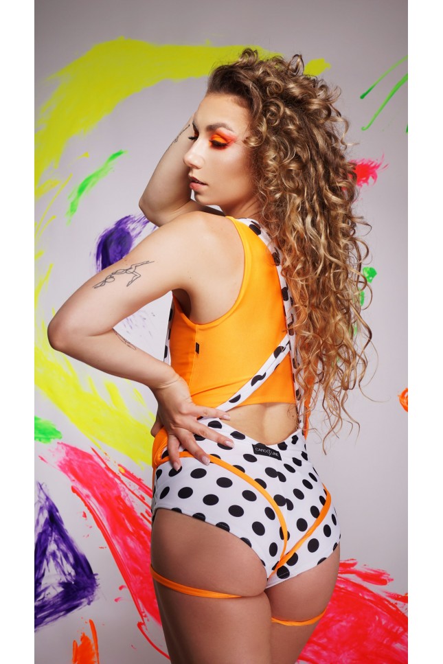 Origami pole dance top in orange, versatile dance top with elastic loops, back view