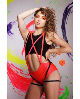 Origami pole dance top in black, creative top with elastic loops, front view, styled with suspenders shorts