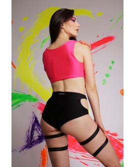 Harness pole dance top in hot pink with body-framing elastic straps, back view