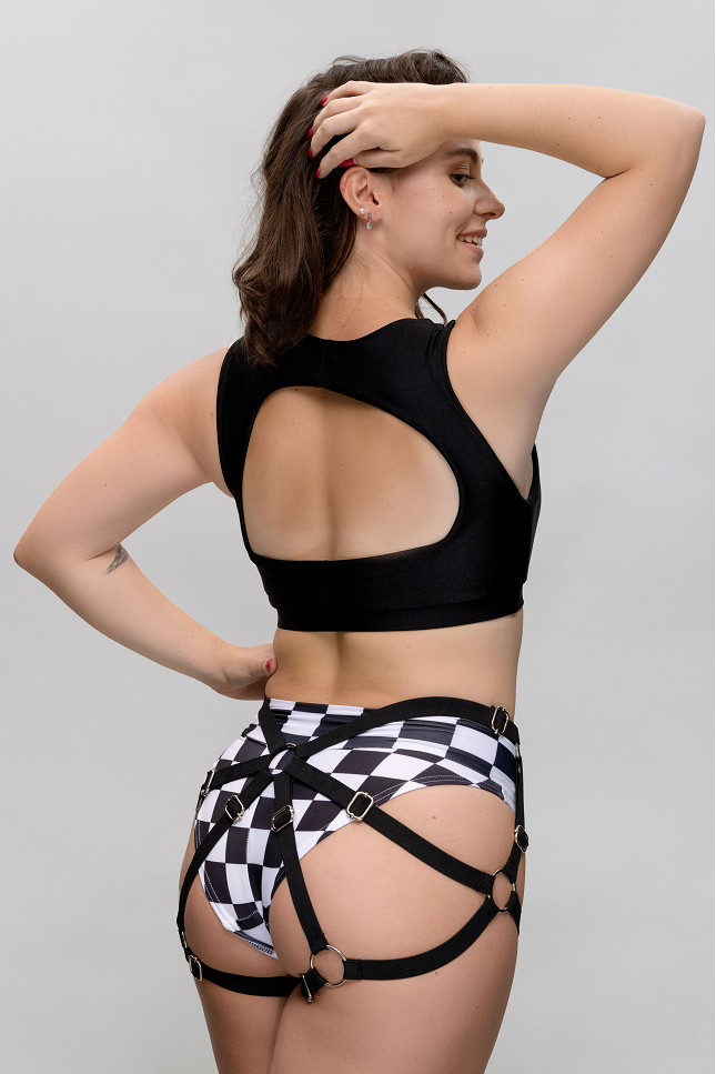 Hoop pole dance top in black with open back design, back view