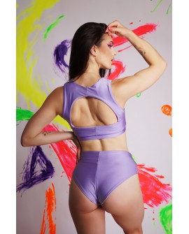 Hoop pole dance top in lilac with open back design, back view