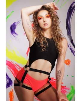 Girdle pole dance top in black with elastic leg harness, front view