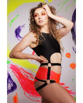 Girdle pole dance top in black with adjustable elastic straps highlighting hips, side view