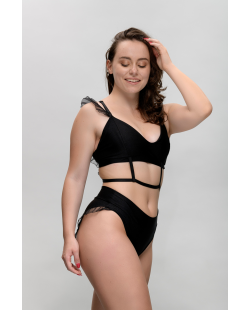 Black Swan pole dance top with black straps and ruffled frills, front view