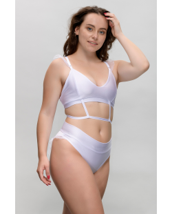 White Swan pole dance top with white straps and delicate ruffled frills, front view