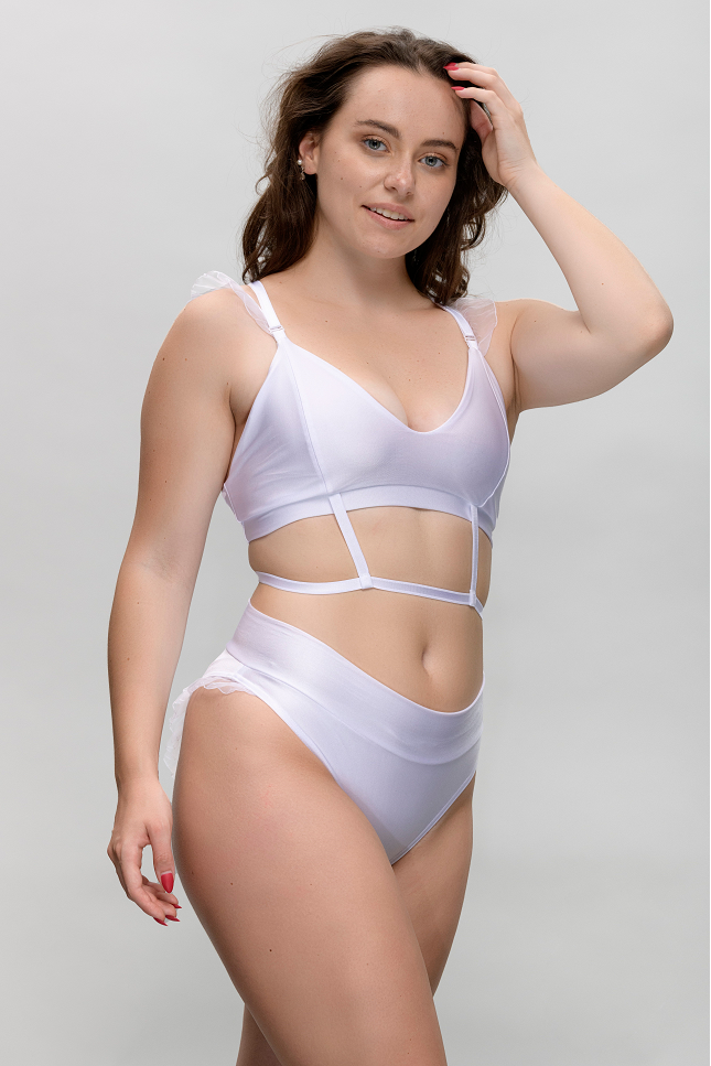 White Swan pole dance top with white straps and delicate ruffled frills, front view