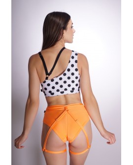 Super high waisted boom shorts with decorative thigh and glute straps in orange, back view