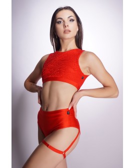 Boom pole dance shorts in red with adjustable buttock straps, front view