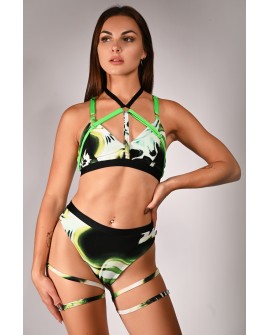 Witch pole dance shorts in juicy green, with colorful adjustable straps and patterned fabric, front view