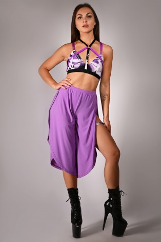 Witch top in violet, styled with boho pants, colorful strap pole dance top outfit