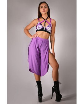 Witch top in violet, styled with boho pants, colorful strap pole dance top outfit