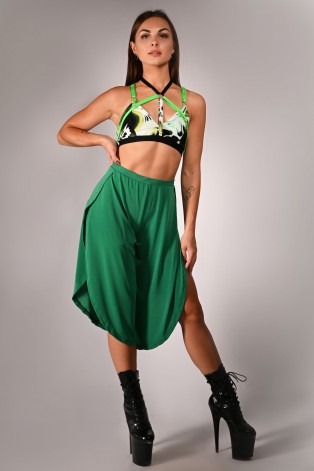 Witch top in juicy green, styled with boho pants, colorful strap pole dance top outfit