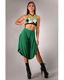 Witch top in juicy green, styled with boho pants, colorful strap pole dance top outfit