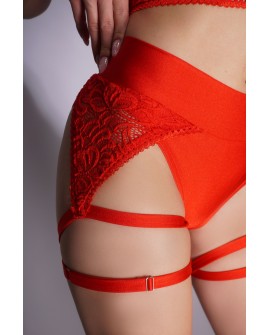 Detail of lace panel and adjustable thigh strap on soft pole dance shorts in red