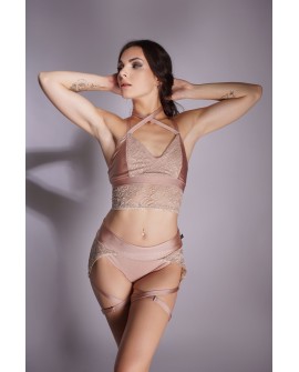 Soft lace pole dance shorts in cappucciono with adjustable thigh straps, front view