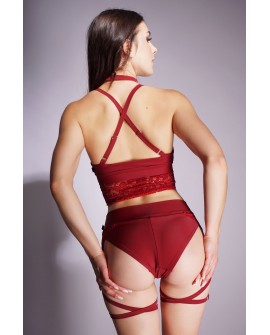 Soft lace pole dance shorts in burgundy with Brazilian cut and thigh straps, back view