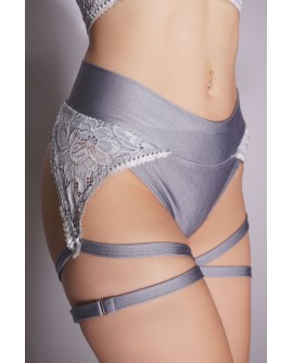 Detail of lace panel and adjustable thigh strap on soft pole dance shorts in gray