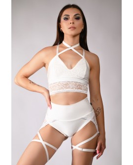 Soft lace pole dance shorts in cream with adjustable thigh straps, front view