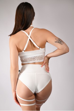 Soft lace pole dance shorts in cream with Brazilian cut and thigh straps, back view