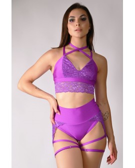 Soft lace pole dance shorts in violet with adjustable thigh straps, front view