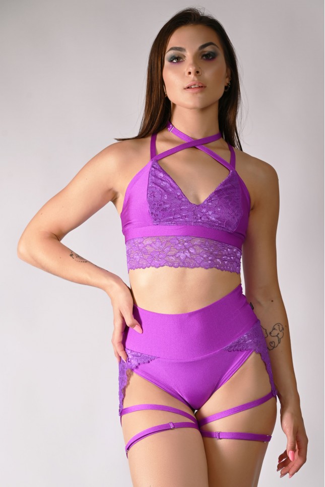 Soft lace pole dance shorts in violet with adjustable thigh straps, front view