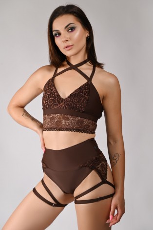 Soft lace pole dance shorts in brown with adjustable thigh straps, front view