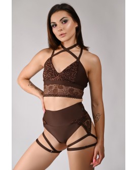 Soft lace pole dance shorts in brown with adjustable thigh straps, front view