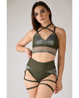 Soft lace pole dance shorts in olive with adjustable thigh straps, front view