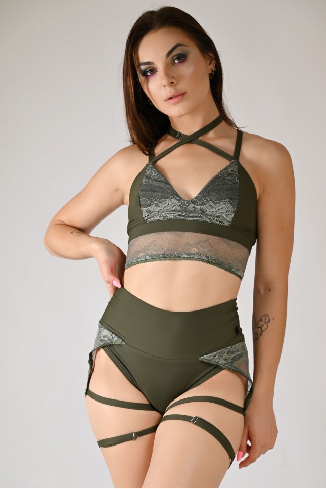 Soft lace pole dance shorts in olive with adjustable thigh straps, front view