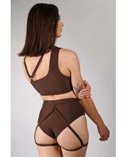 Super high waisted boom shorts with decorative thigh and glute straps in brown, back view