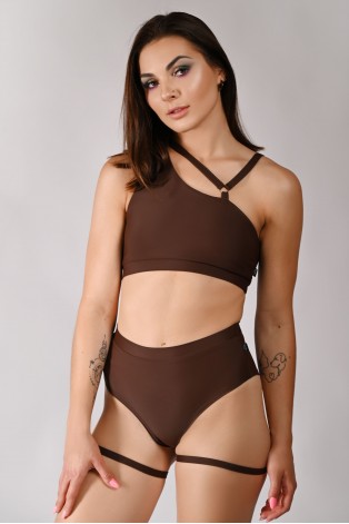 Boom pole dance shorts in brown with adjustable buttock straps, front view