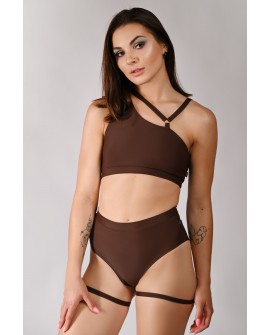 Boom pole dance shorts in brown with adjustable buttock straps, front view