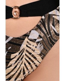 Goldy Shorts – close-up detail of luxurious gold-pattern lycra fabric with decorative adjustable strap finish
