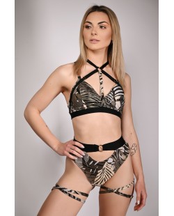 Goldy Top – front view, gold-pattern pole dance top with decorative straps for exotic training and stage performances