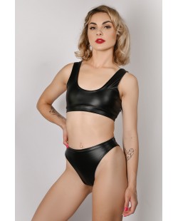 Spicy Top Black – front view, latex-look pole dance top made of shiny lycra for exotic training and bold performance styling