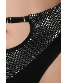 Sensual Shorts in black&silver– close-up detail of shimmering sequins and adjustable front strap for a glamorous pole outfit