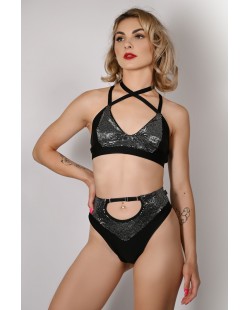 Sensual Top in black&silver – front view,  sequin dance top with decorative straps for pole dance and exotic performances